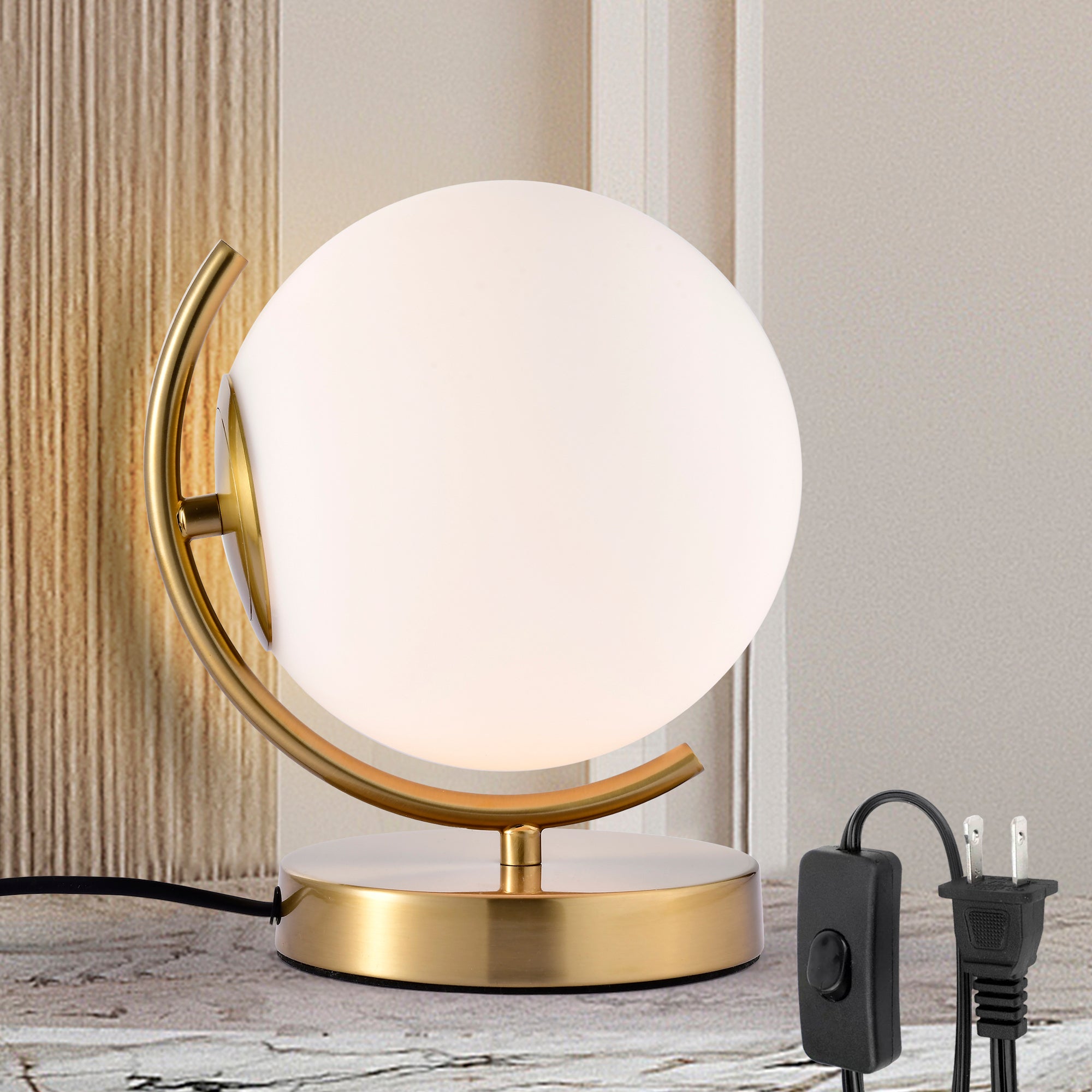 Modern Globe Table Lamp with Glass Shade and Plug-in Switch, E12 Base Bedside Lamp for Bedroom & Living Room