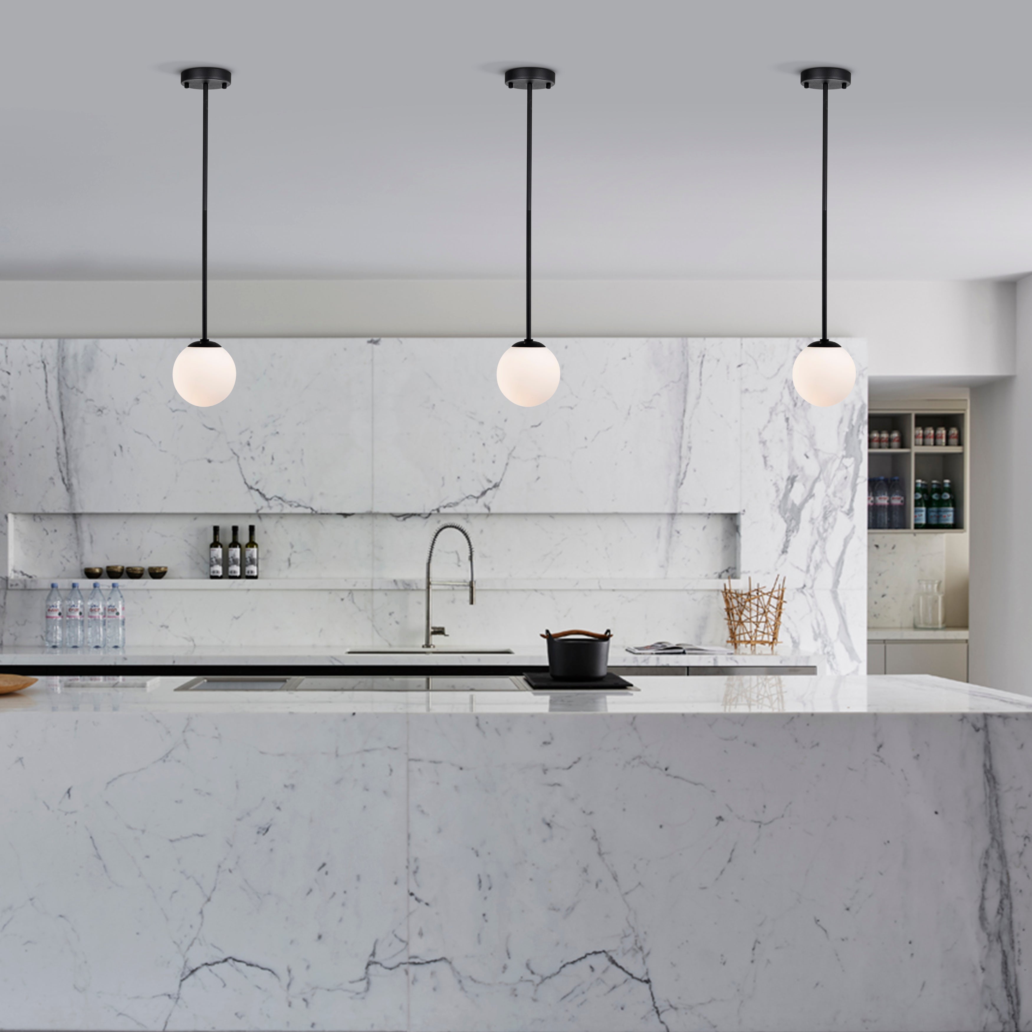 Pendant Light Fixture Milk Glass Globe Pendant Light 1-Light Black Pendant Lights Kitchen Island LED