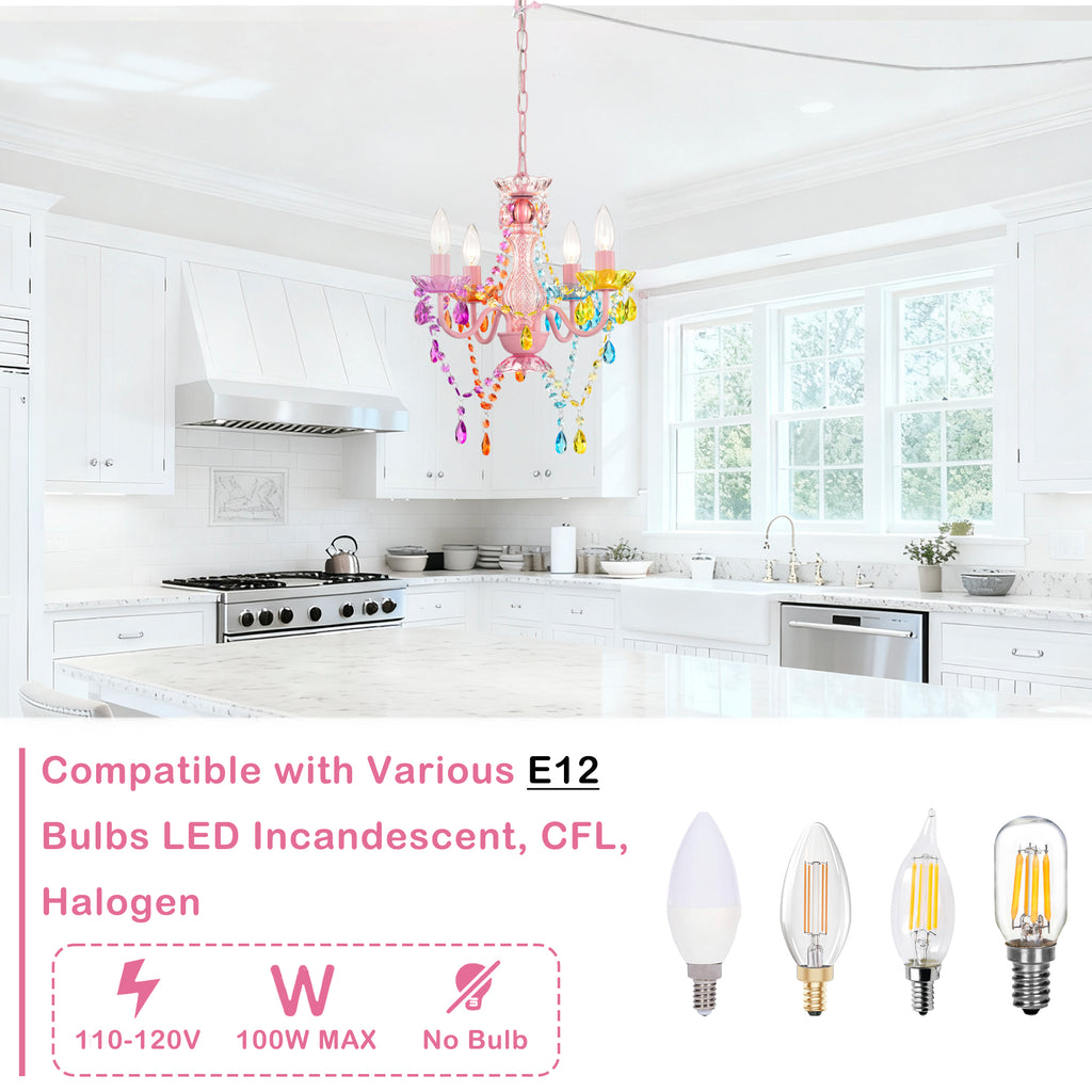 Small Colorful Crystal Chandelier Pendant Light, 4-Light Mini Hanging Ceiling Lamp for Girls Room, Dining Nook & Bedroom