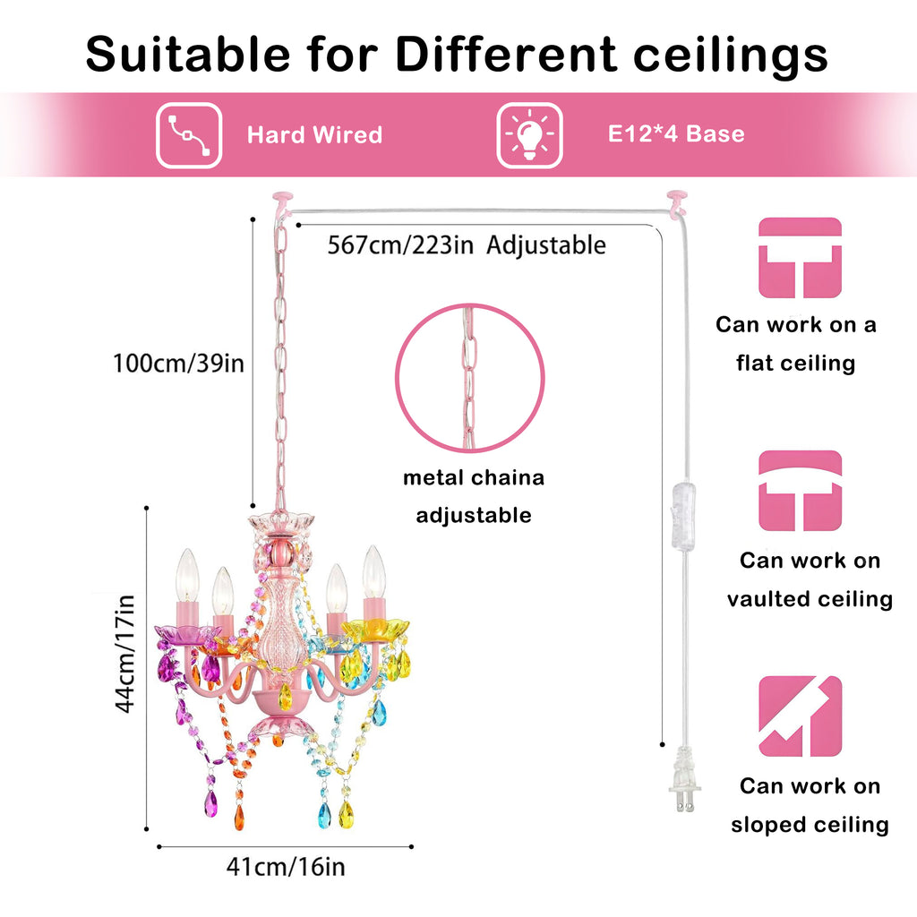 Small Colorful Crystal Chandelier Pendant Light, 4-Light Mini Hanging Ceiling Lamp for Girls Room, Dining Nook & Bedroom