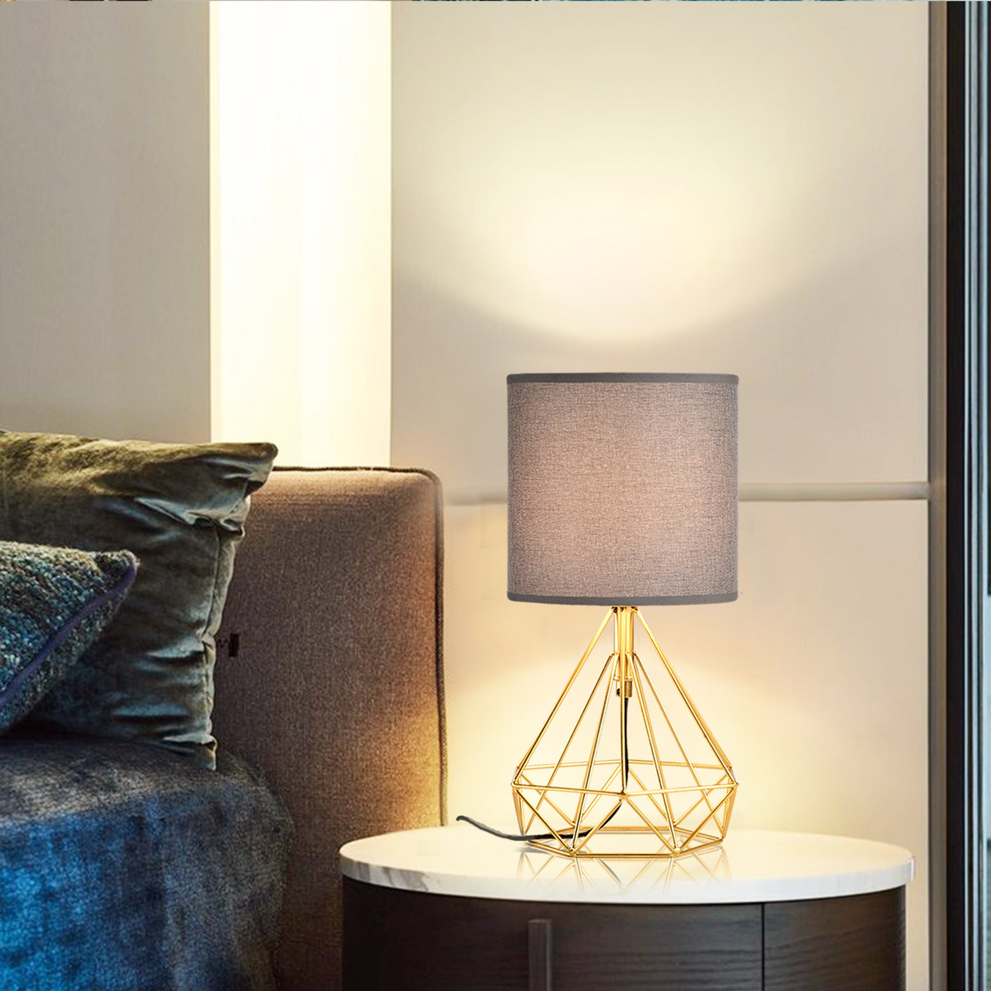Modern Table Lamp Golden Brick and Stone Shaped Iron Base, Grey Lampshade With Plug-In Power Source