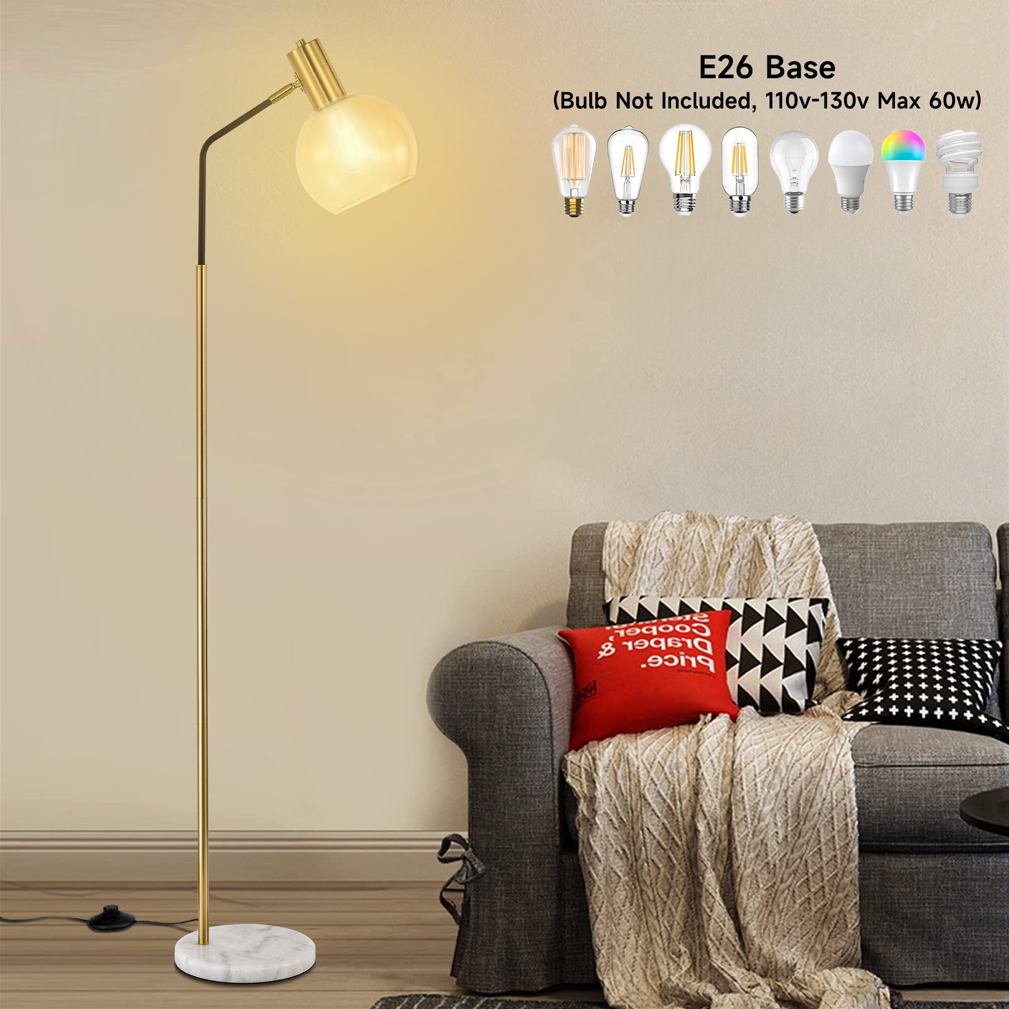 Floor Lamp for Bedroom Mid Century Modern Marble Base Gold Floor Lamp 61"