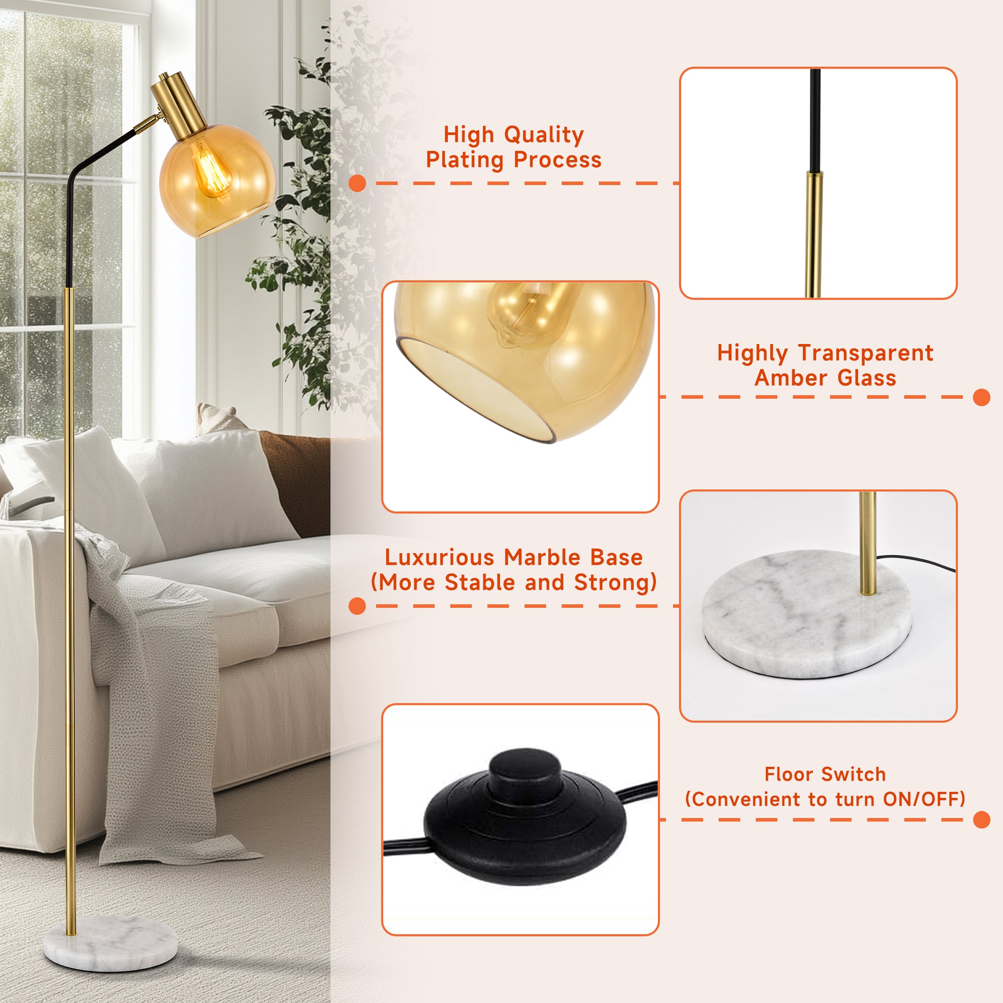 Floor Lamp for Bedroom Mid Century Modern Marble Base Gold Floor Lamp 61"