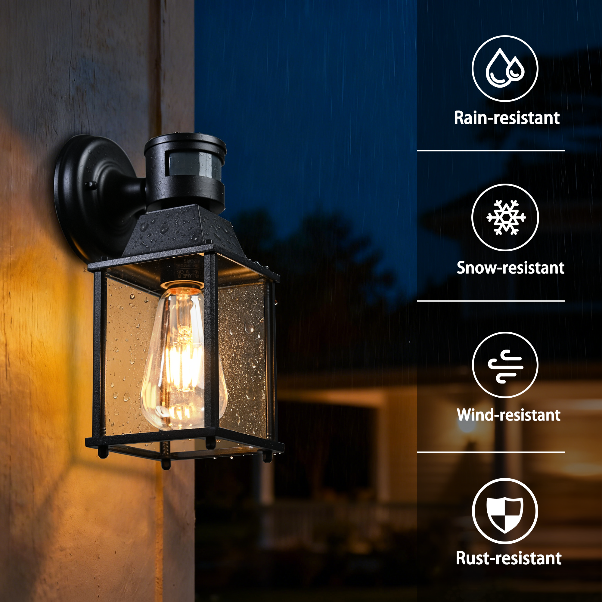 COTTAGE LIFE Motion Sensor Outdoor Wall Lights, Black Porch Lantern with Glass Shade, E26 Base, 2-Pack