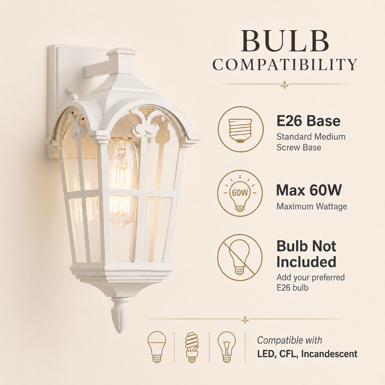 Traditional Outdoor Wall Lantern with Clear Glass, White