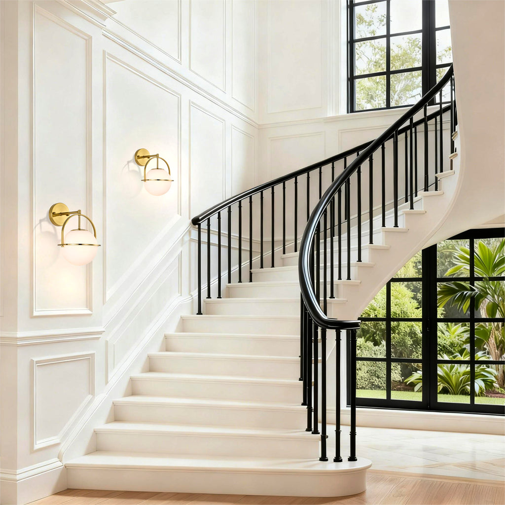 Modern Brushed Gold Wall Sconce with Glass Globe Shade, E26 Base Indoor Wall Lamp for Bathroom, Bedroom & Hallway