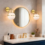 Modern Brushed Gold Wall Sconce with Glass Globe Shade, E26 Base Indoor Wall Lamp for Bathroom, Bedroom & Hallway