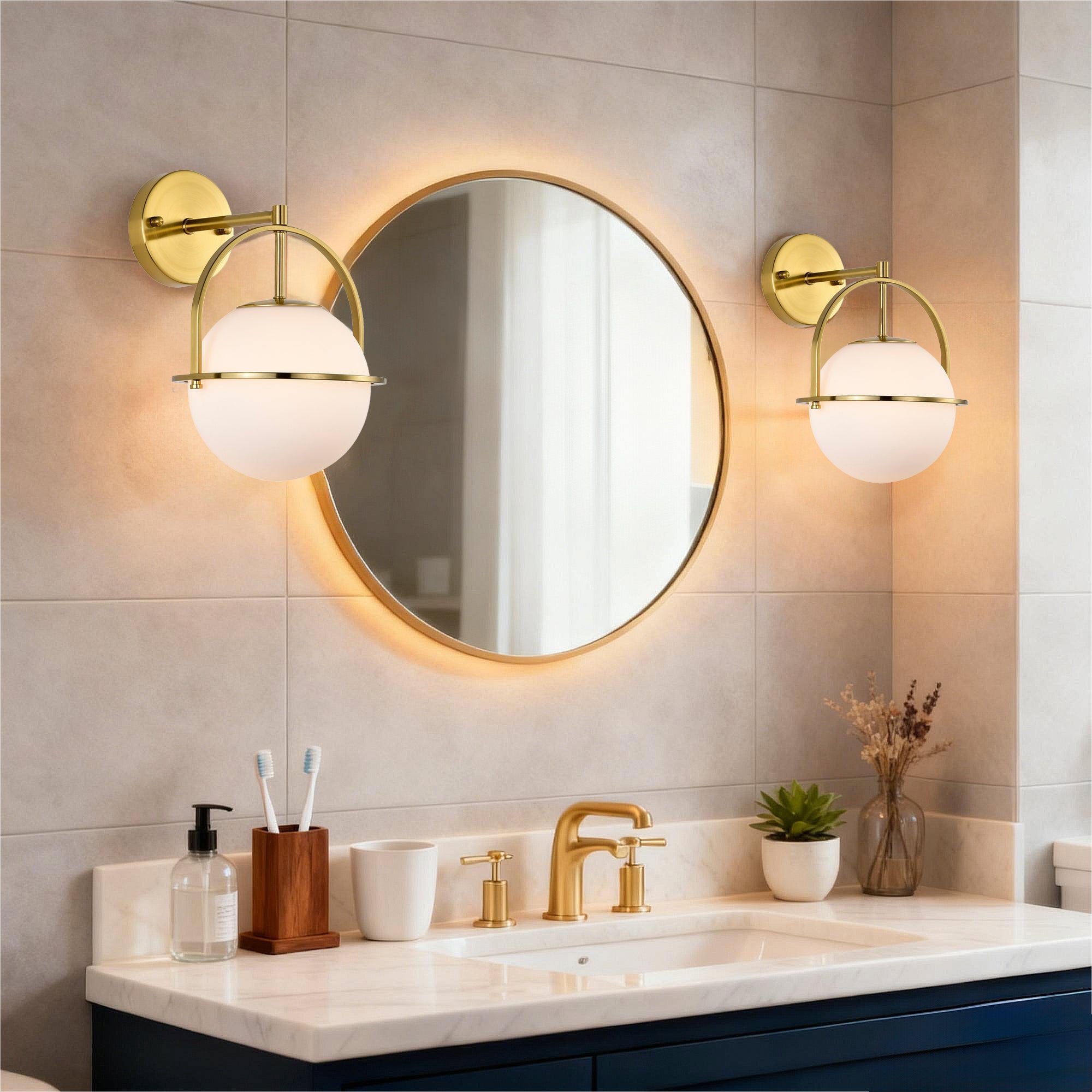 Modern Brushed Gold Wall Sconce with Glass Globe Shade, E26 Base Indoor Wall Lamp for Bathroom, Bedroom & Hallway