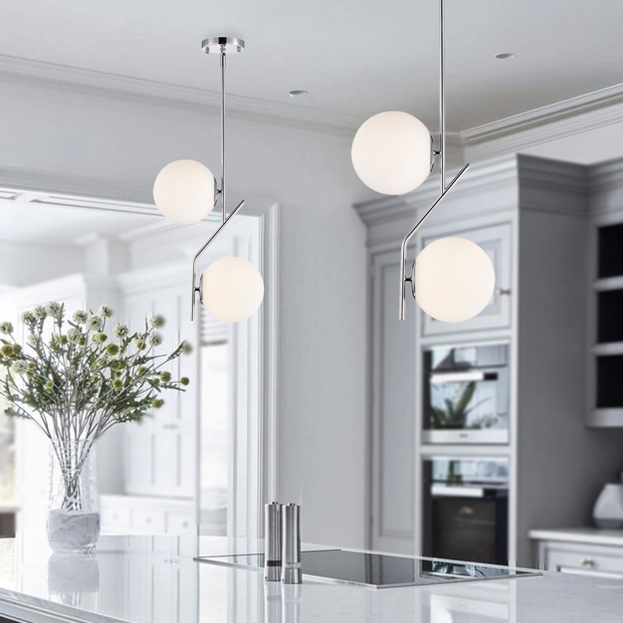 Mid-Century Chrome Globe Pendant Light, Double Opal Glass Pendant for Kitchen Island & Dining Table