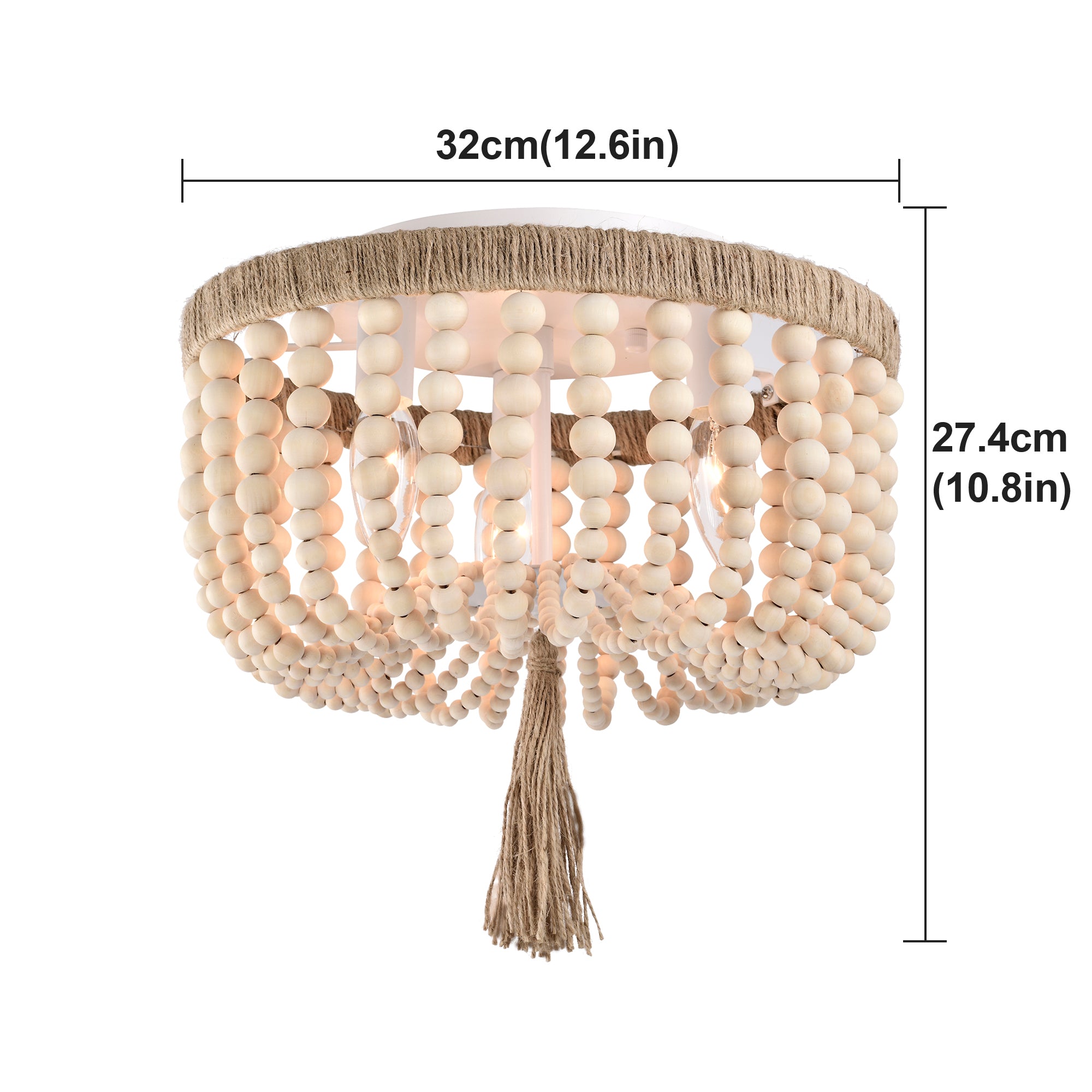 Small Wood Bead Flush Mount Chandelier 3-Light Ceiling Light