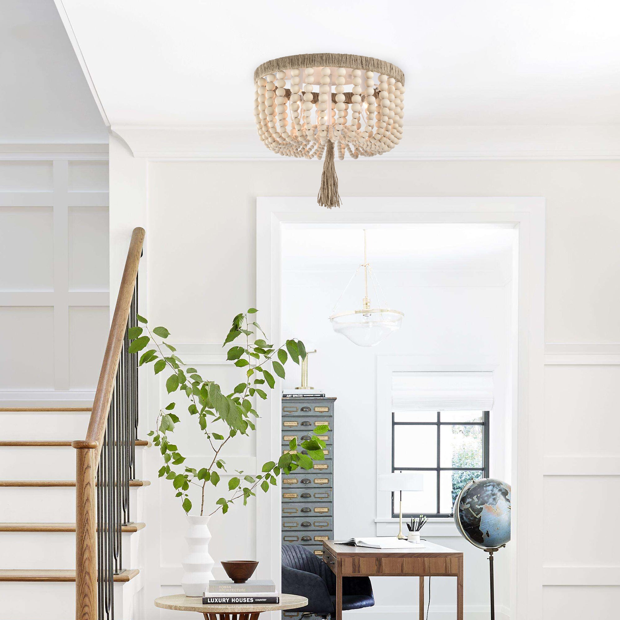 Small Wood Bead Flush Mount Chandelier 3-Light Ceiling Light