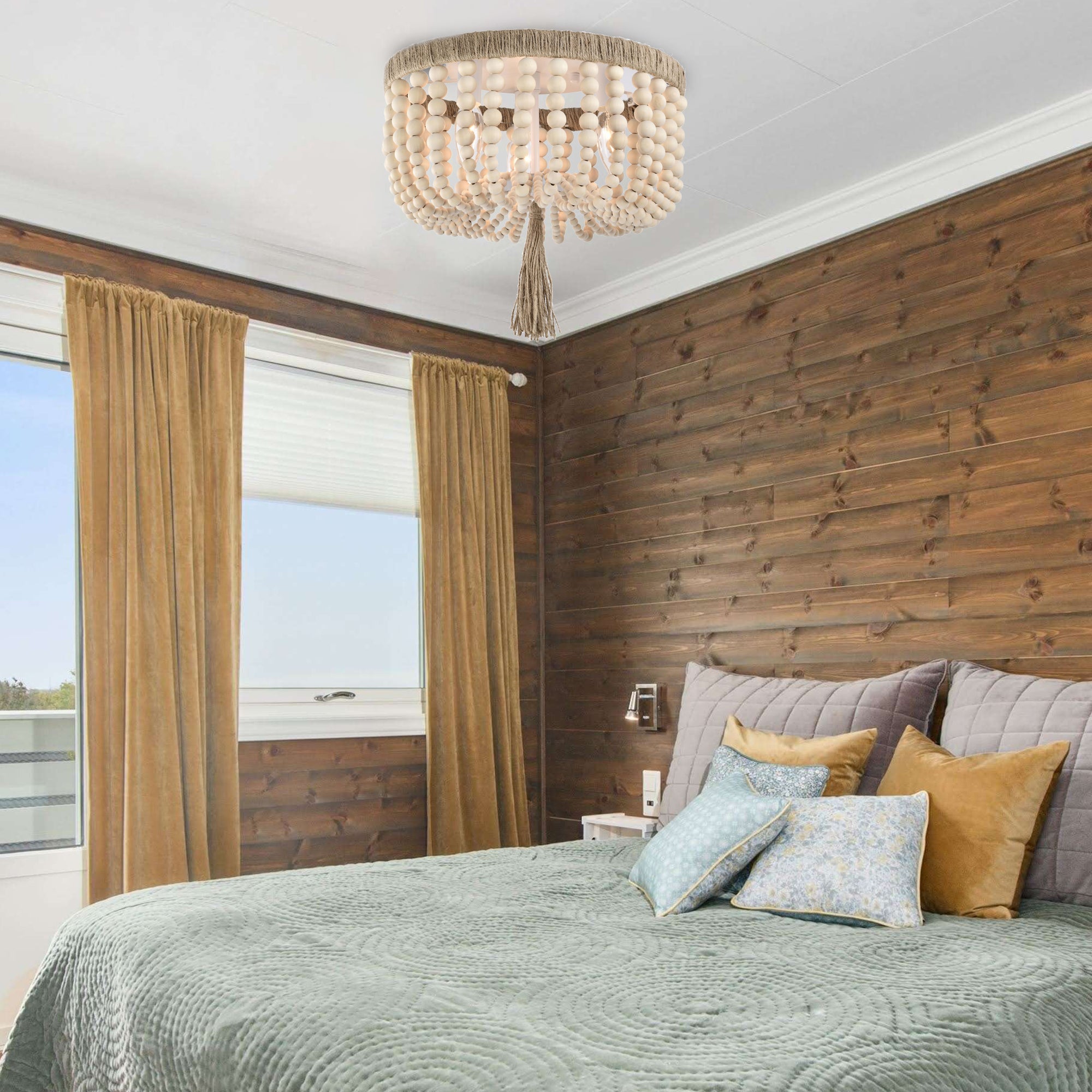 Small Wood Bead Flush Mount Chandelier 3-Light Ceiling Light