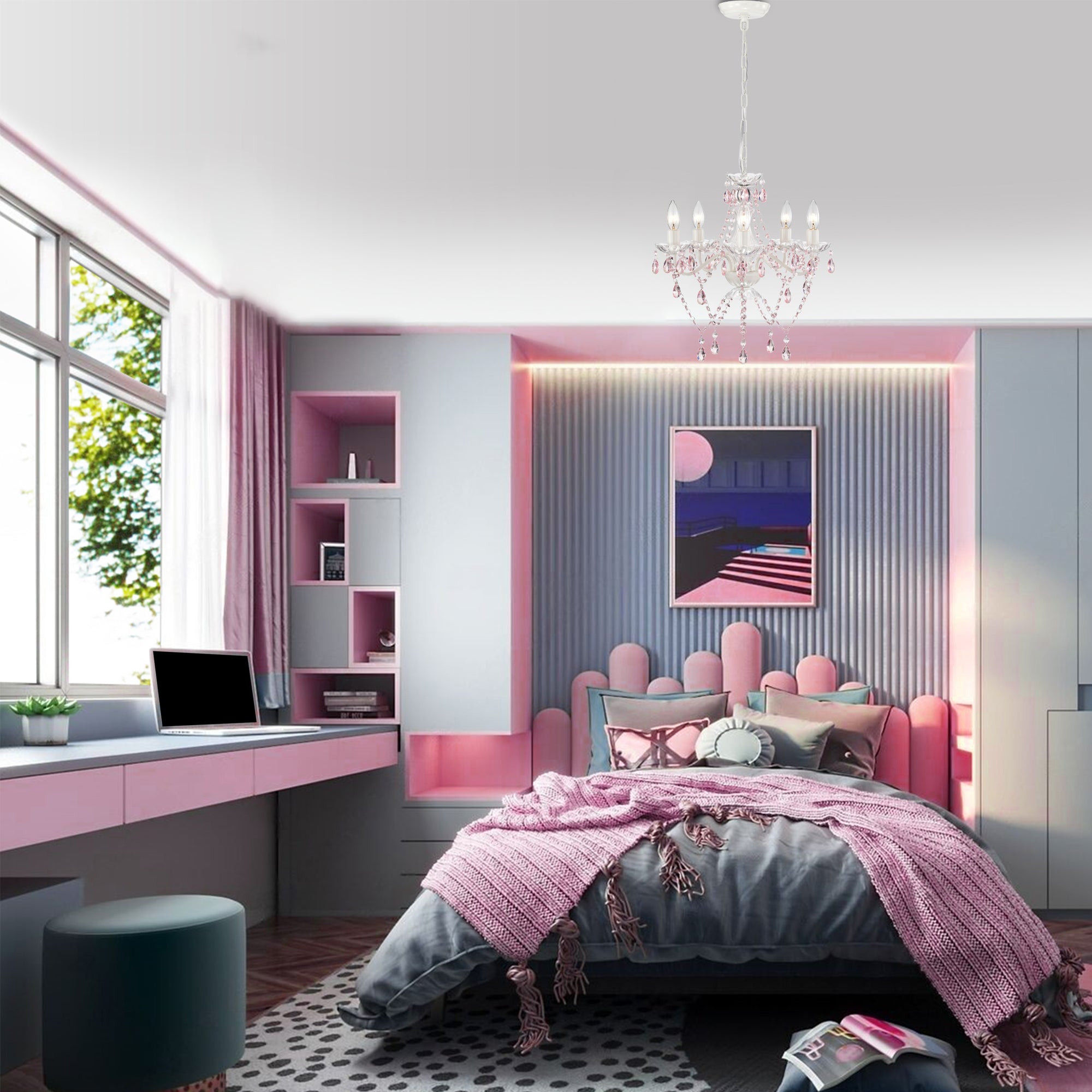 White Chandeliers 5-Light Pink Crystal Chandelier for Girls Room