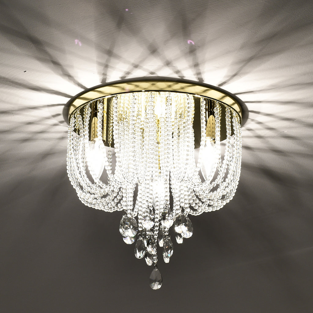 Crystal Flush Mount Chandelier Light Fixture Gold Flush Mount Ceiling Light 3 Light