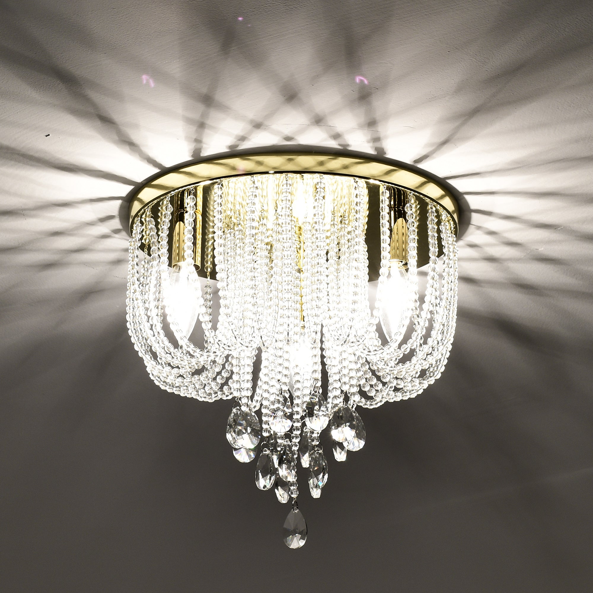 Crystal Flush Mount Chandelier Light Fixture Gold Flush Mount Ceiling Light 3 Light