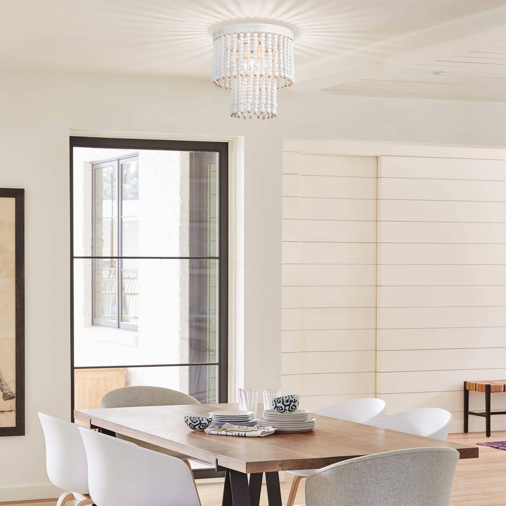 Beaded Flush Mount Ceiling Light Boho Light Fixtures Ceiling 3-Light White Wood Beaded Chandelier