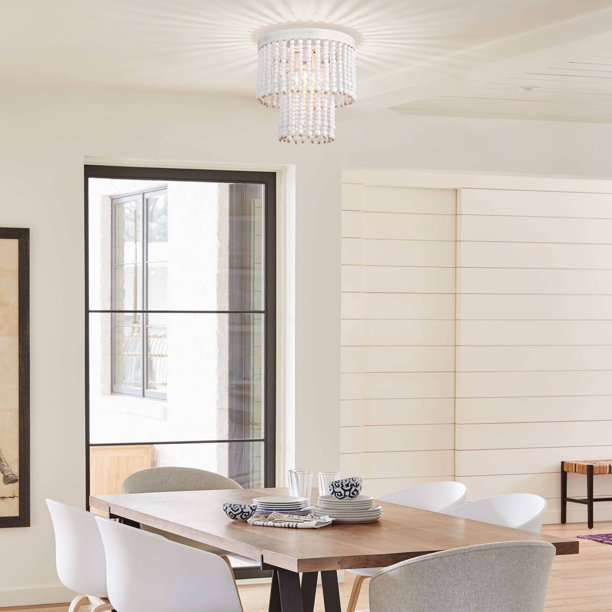 Beaded Flush Mount Ceiling Light Boho Light Fixtures Ceiling 3-Light White Wood Beaded Chandelier
