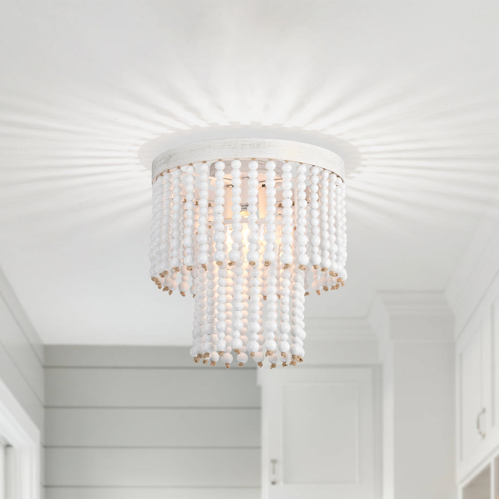 Beaded Flush Mount Ceiling Light Boho Light Fixtures Ceiling 3-Light White Wood Beaded Chandelier