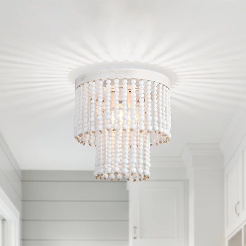 Beaded Flush Mount Ceiling Light Boho Light Fixtures Ceiling 3-Light White Wood Beaded Chandelier