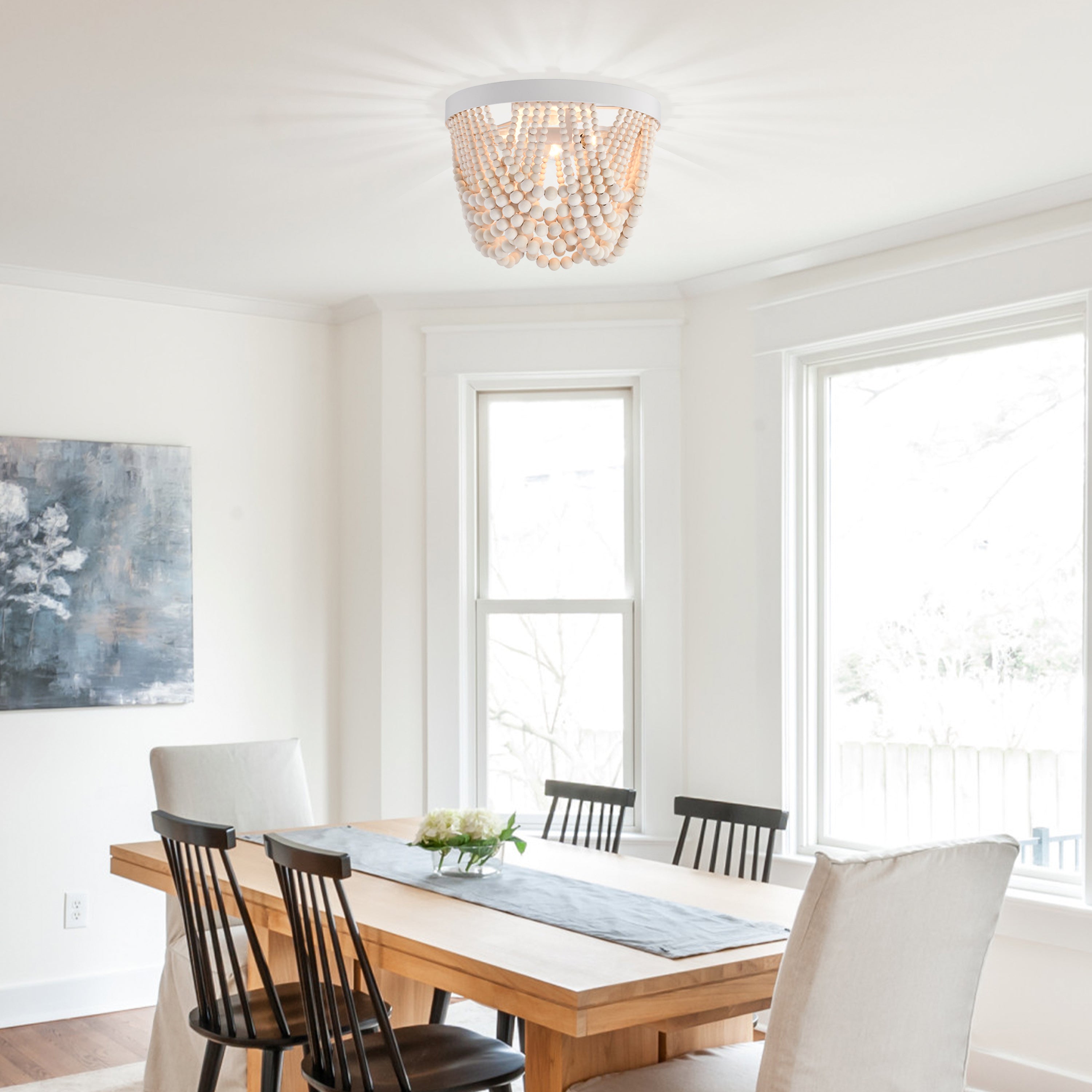 Wood Bead Chandelier Light Fixture 3 Lingt Flush Mount Boho Light Fixtures