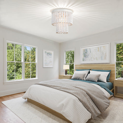 Beaded Flush Mount Ceiling Light Boho Light Fixtures Ceiling 3-Light White Wood Beaded Chandelier
