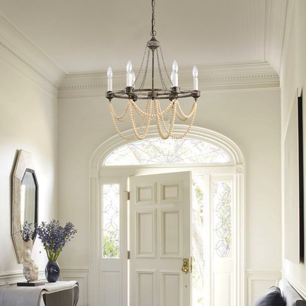 Wagon Wheel Chandelier Bronze Wood Beaded Chandeliers 6-Light
