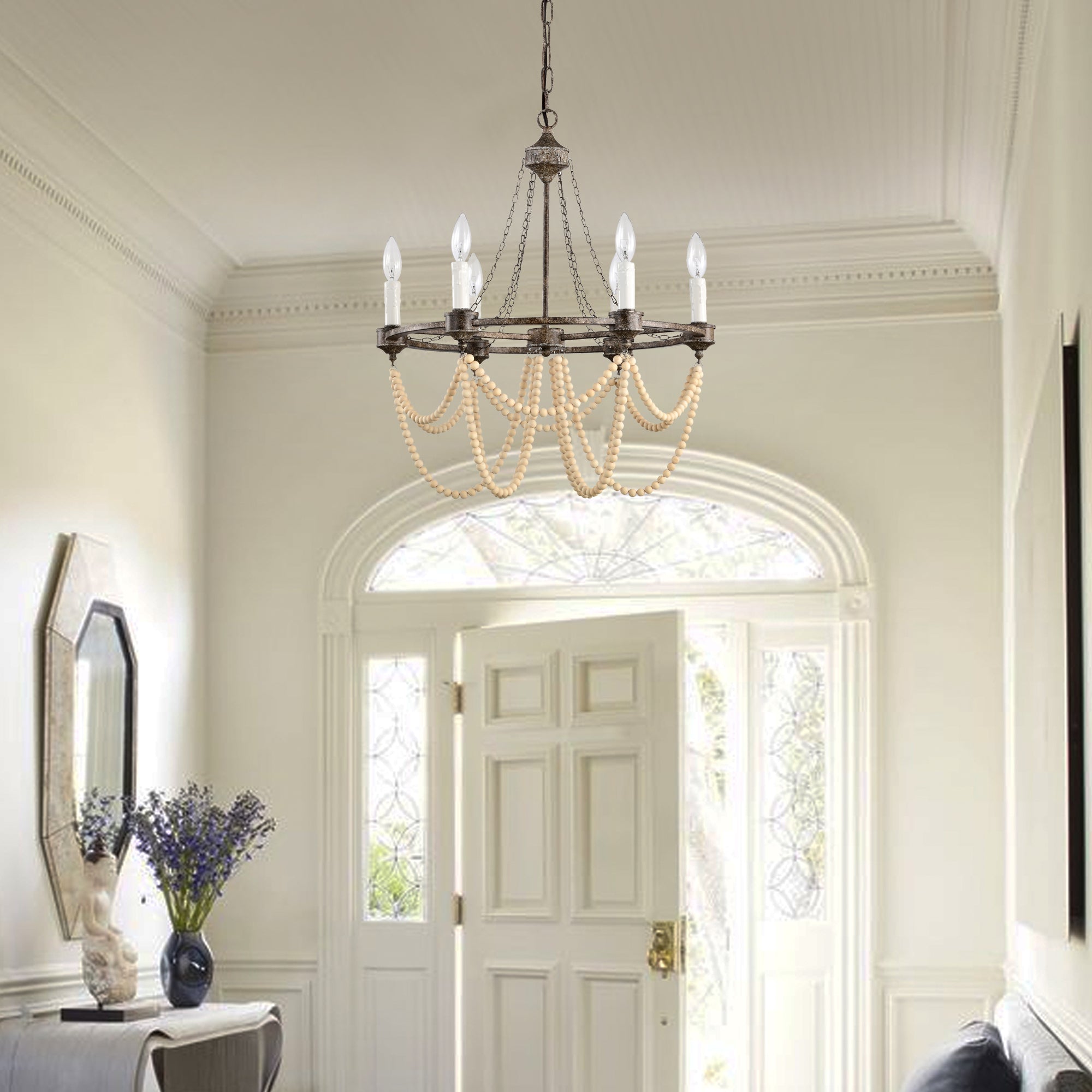 Wagon Wheel Chandelier Bronze Wood Beaded Chandeliers 6-Light