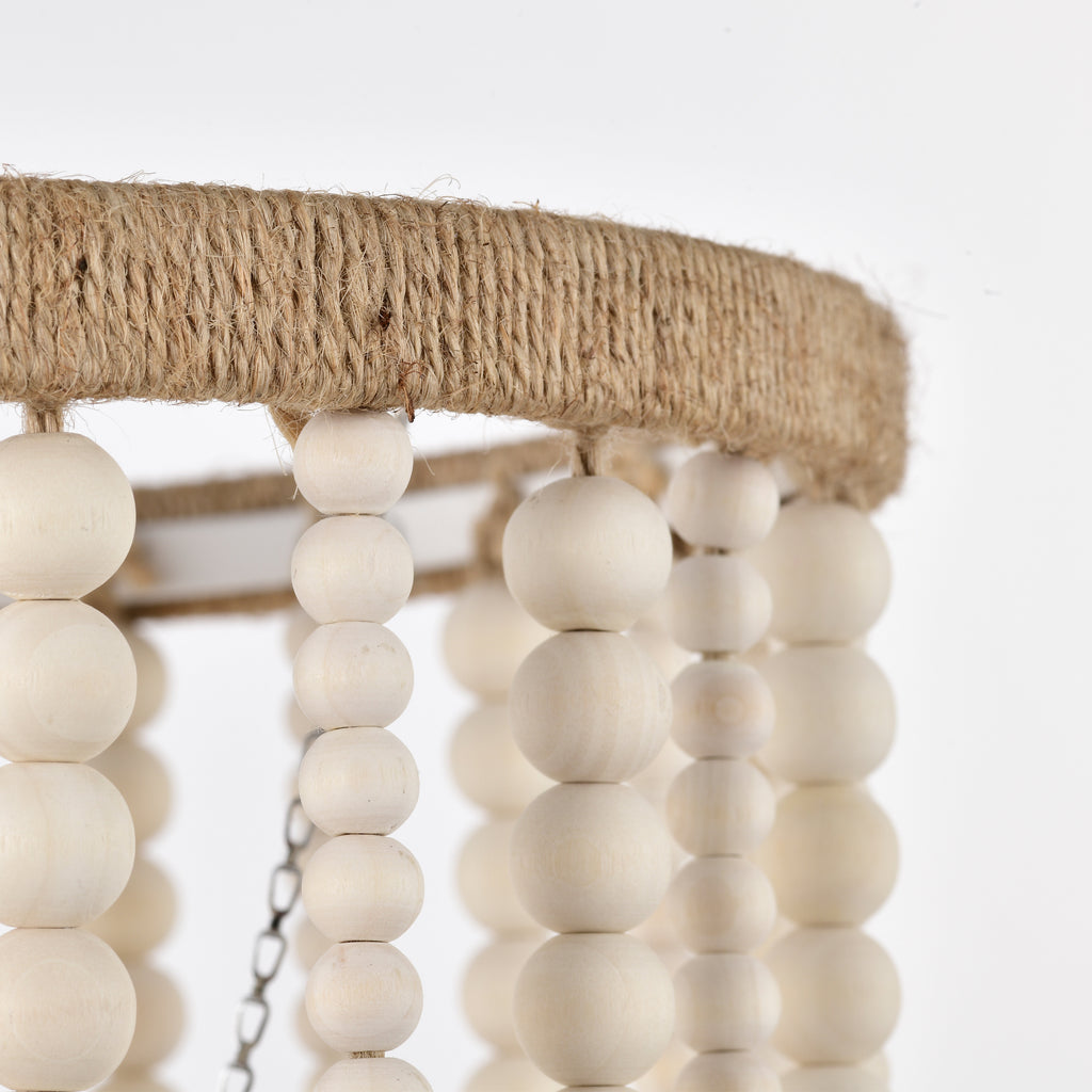 Boho Pendant Light Plug in with Cord Whitewashed Wood Beaded 1-Light