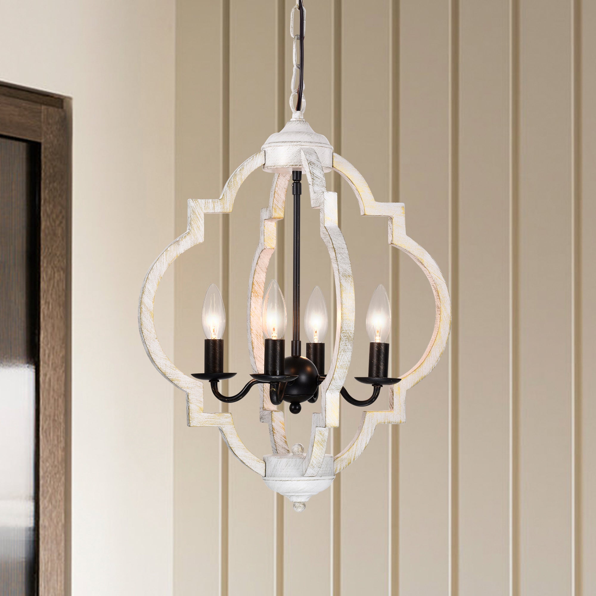 Wood Chandelier Farmhouse 4-Light Distressed Wooden Lantern Chandelier White