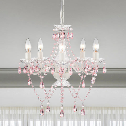 White Chandeliers 5-Light Pink Crystal Chandelier for Girls Room