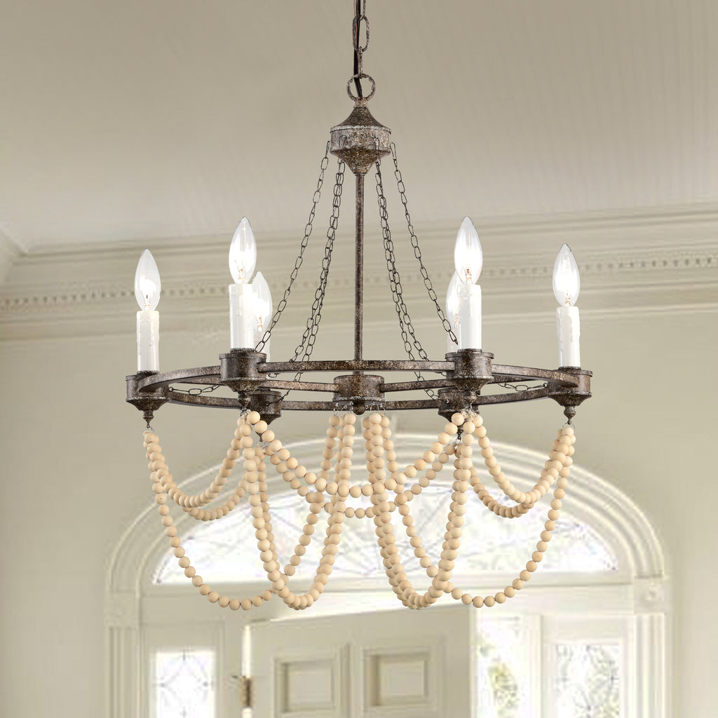 Wagon Wheel Chandelier Bronze Wood Beaded Chandeliers 6-Light