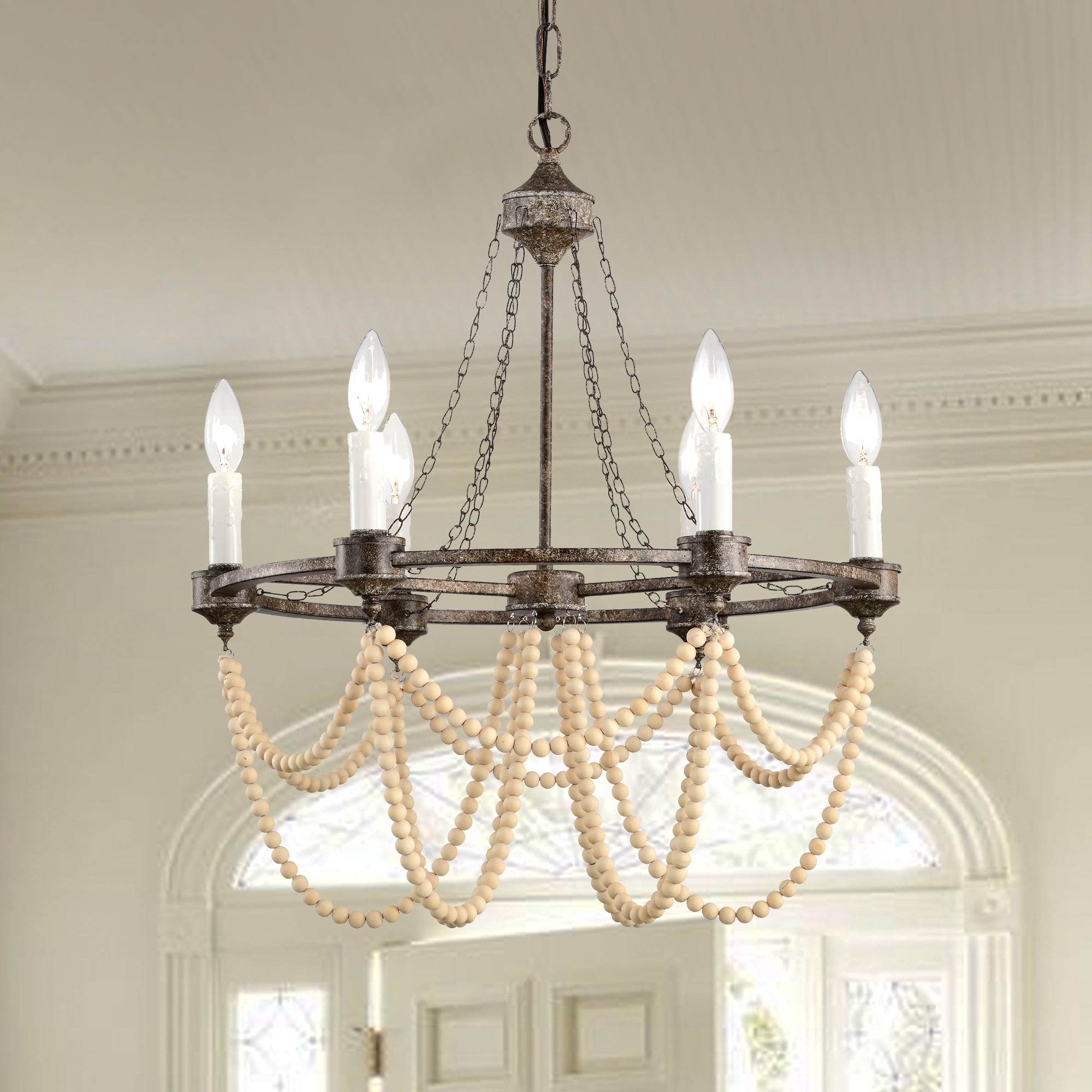 Wagon Wheel Chandelier Bronze Wood Beaded Chandeliers 6-Light