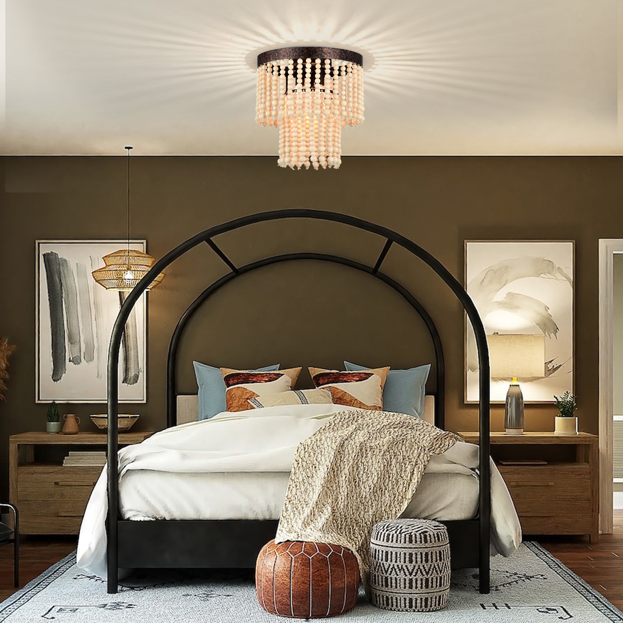Boho Chandelier Light Fixture 3-Light Flush Mount Two Tier Chandeliers for bedrooms Beaded Chandelier Light Fixture