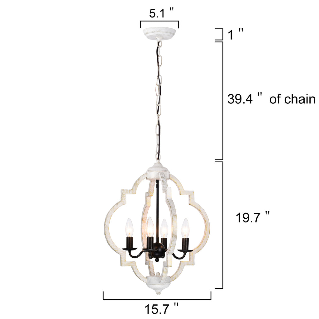 Wood Chandelier Farmhouse 4-Light Distressed Wooden Lantern Chandelier White