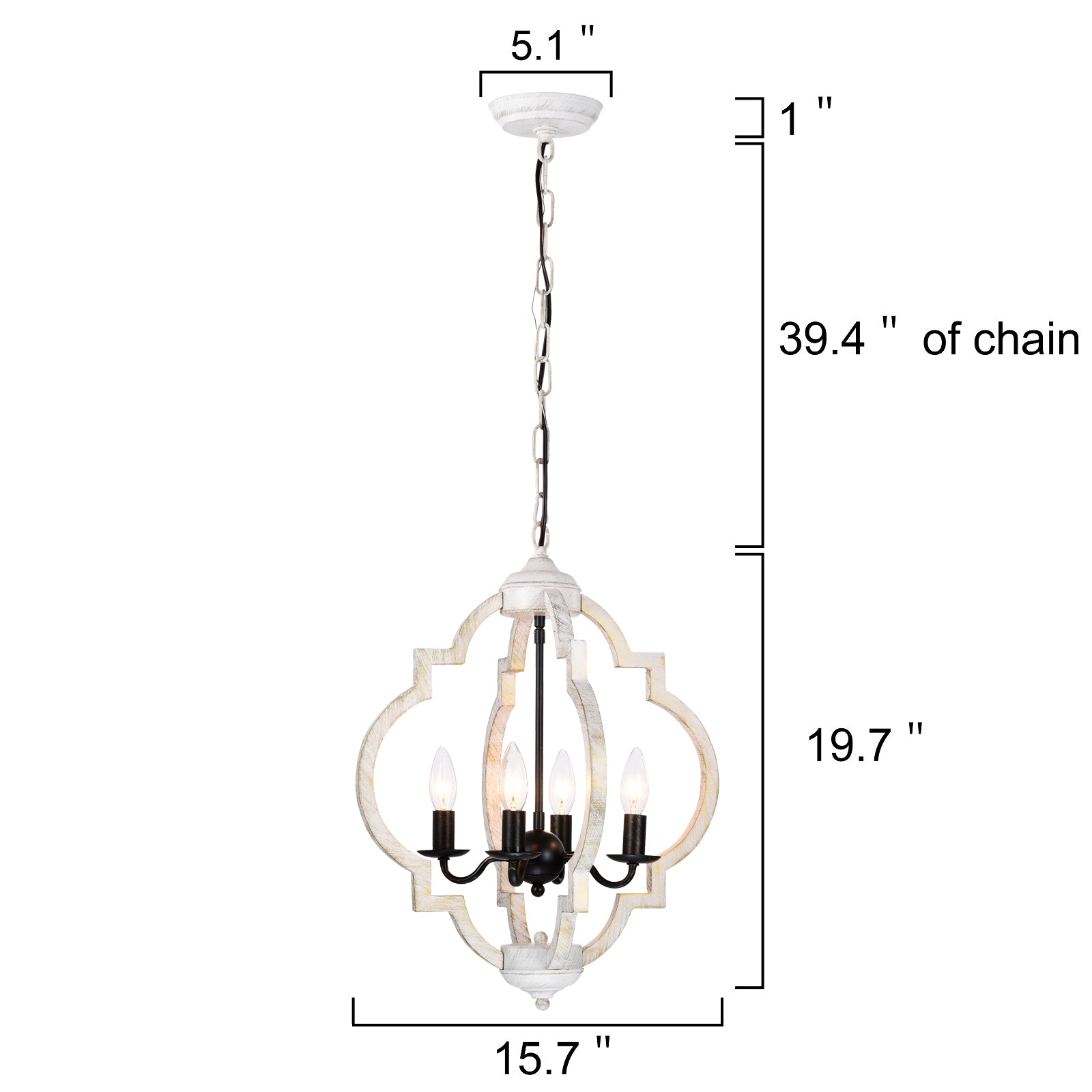 Wood Chandelier Farmhouse 4-Light Distressed Wooden Lantern Chandelier White