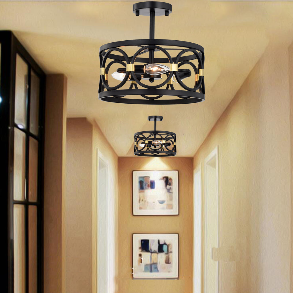 Black and Gold Flush Mount Chandelier 3-Light Ring Ceiling Light