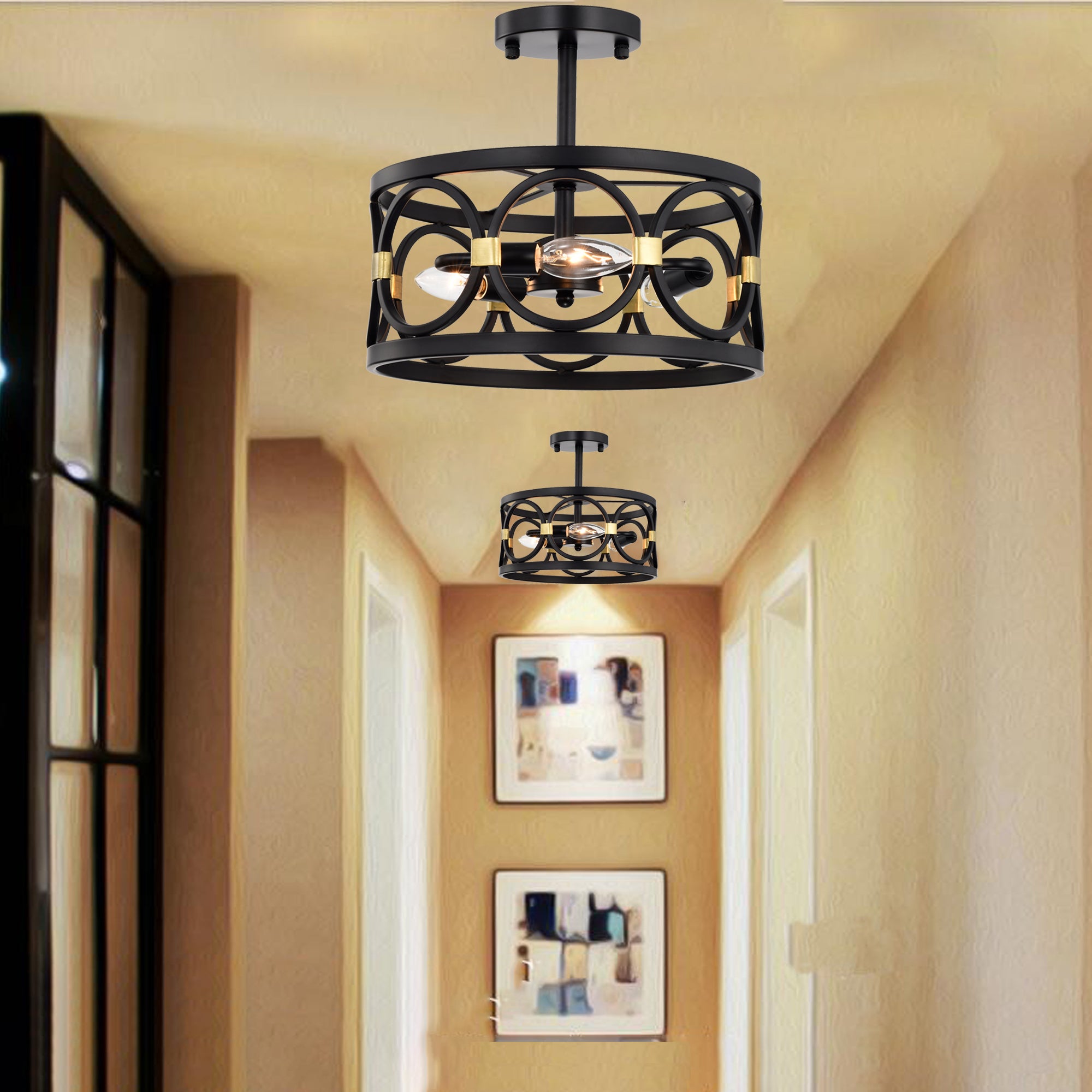 Black and Gold Flush Mount Chandelier 3-Light Ring Ceiling Light