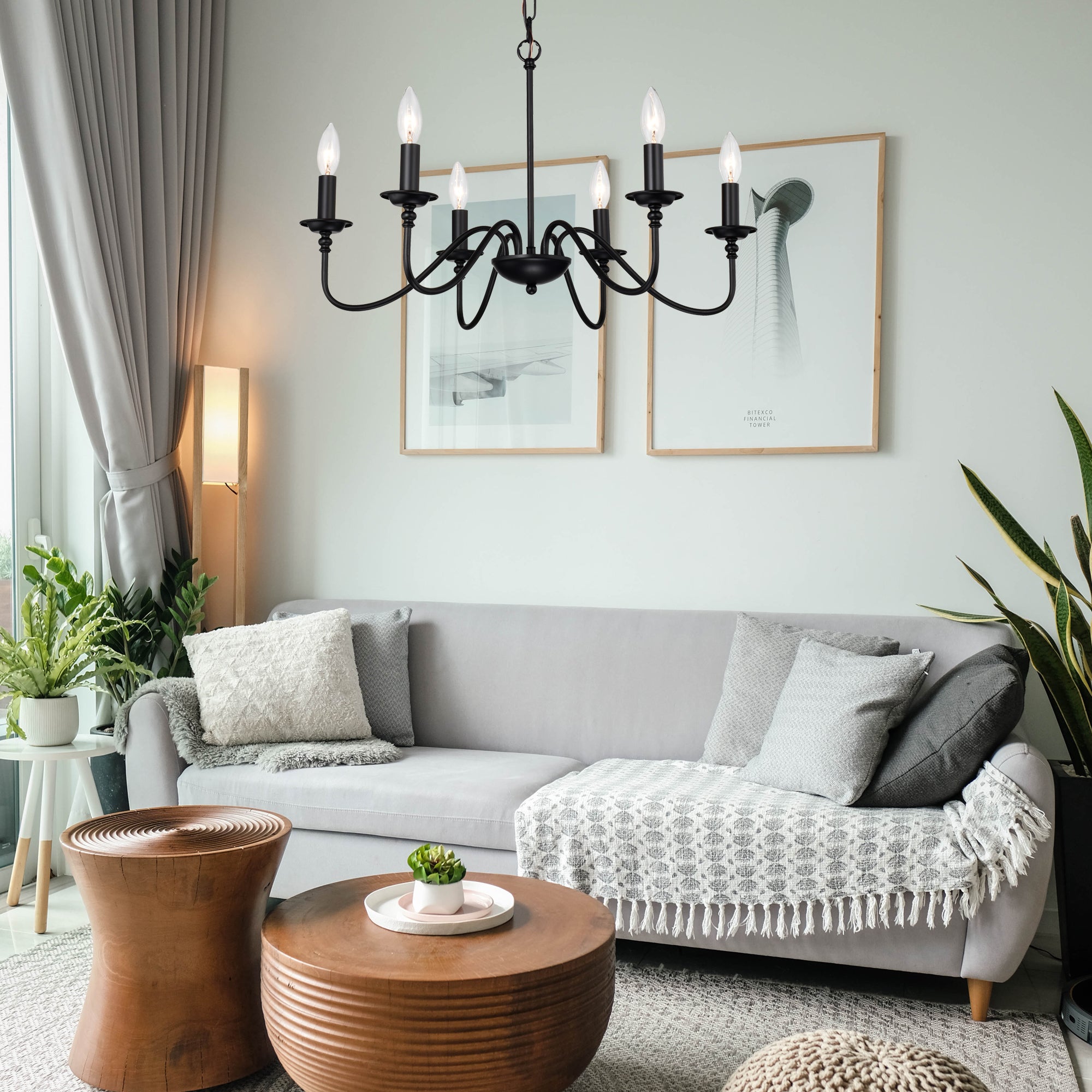 Modern Farmhouse Black Chandelier 6-Light Candle Pendant Light