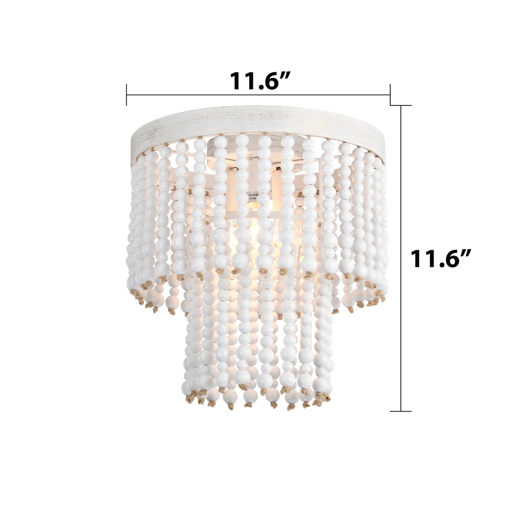 Beaded Flush Mount Ceiling Light Boho Light Fixtures Ceiling 3-Light White Wood Beaded Chandelier