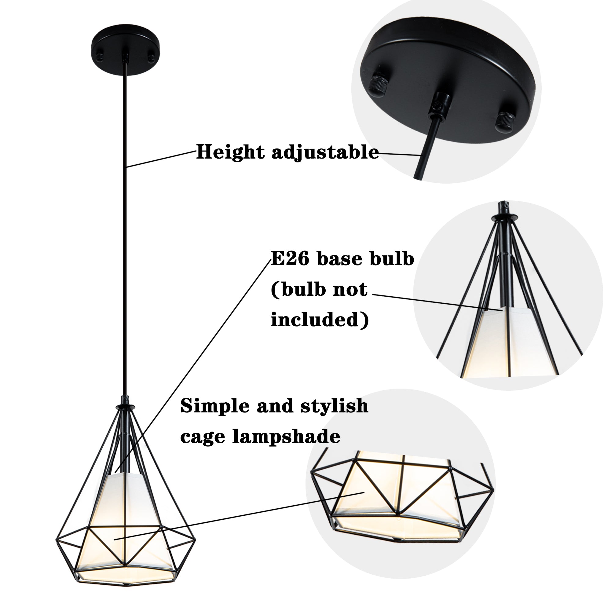 Farmhouse Black Pendant Light Fixtures with White Fabric Shade 2 pack