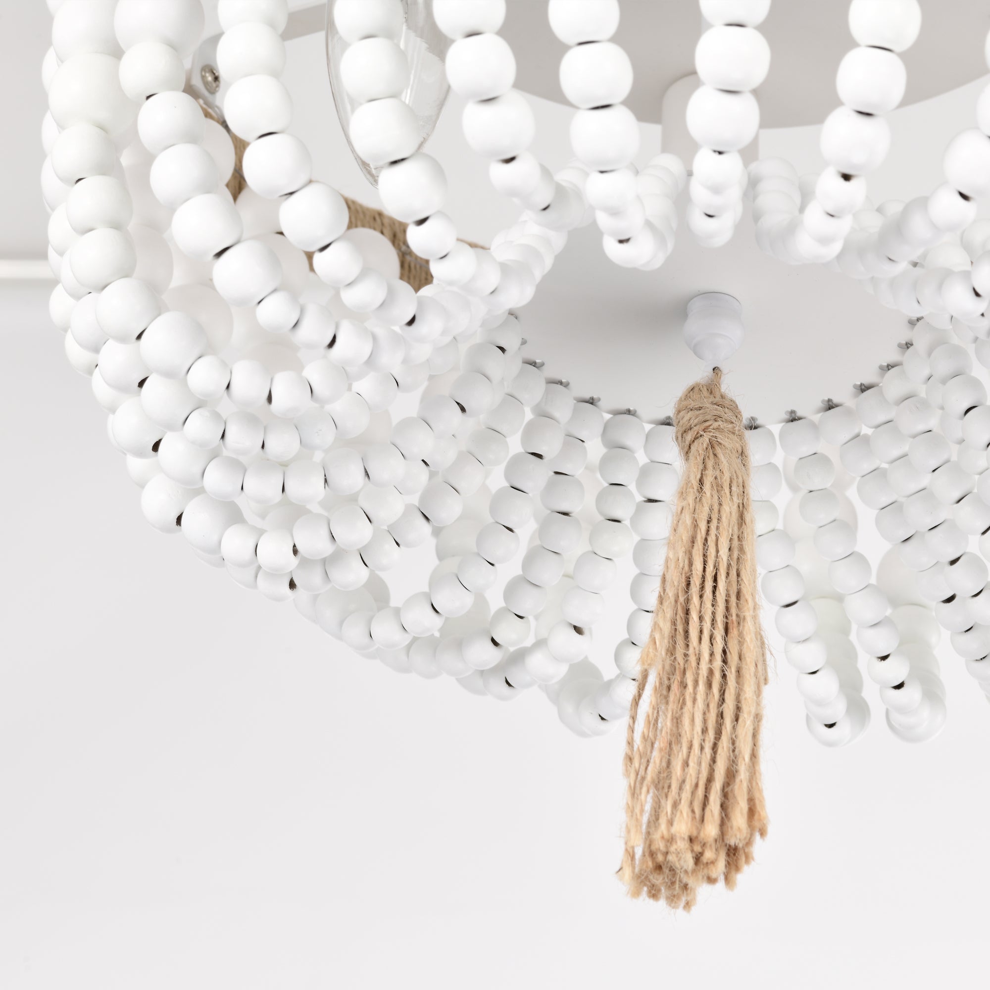 White Wood Beaded Chandelier 3-Light Farmhouse Wood Bead Light