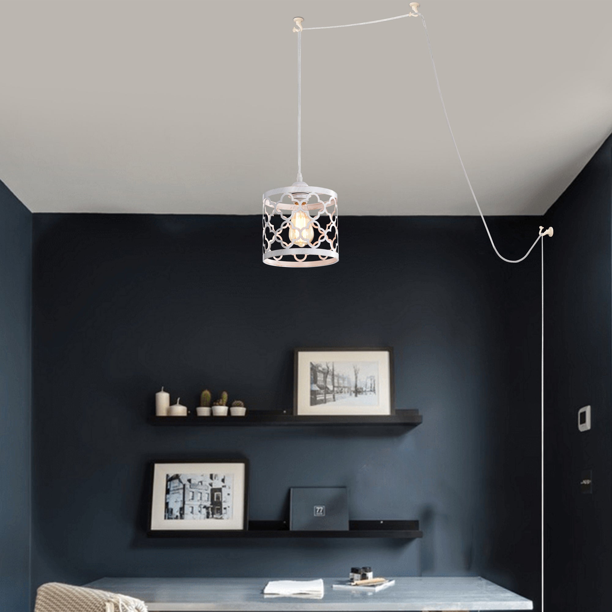Small White Plug-In Swag Chandelier 1-Light Pendant Light