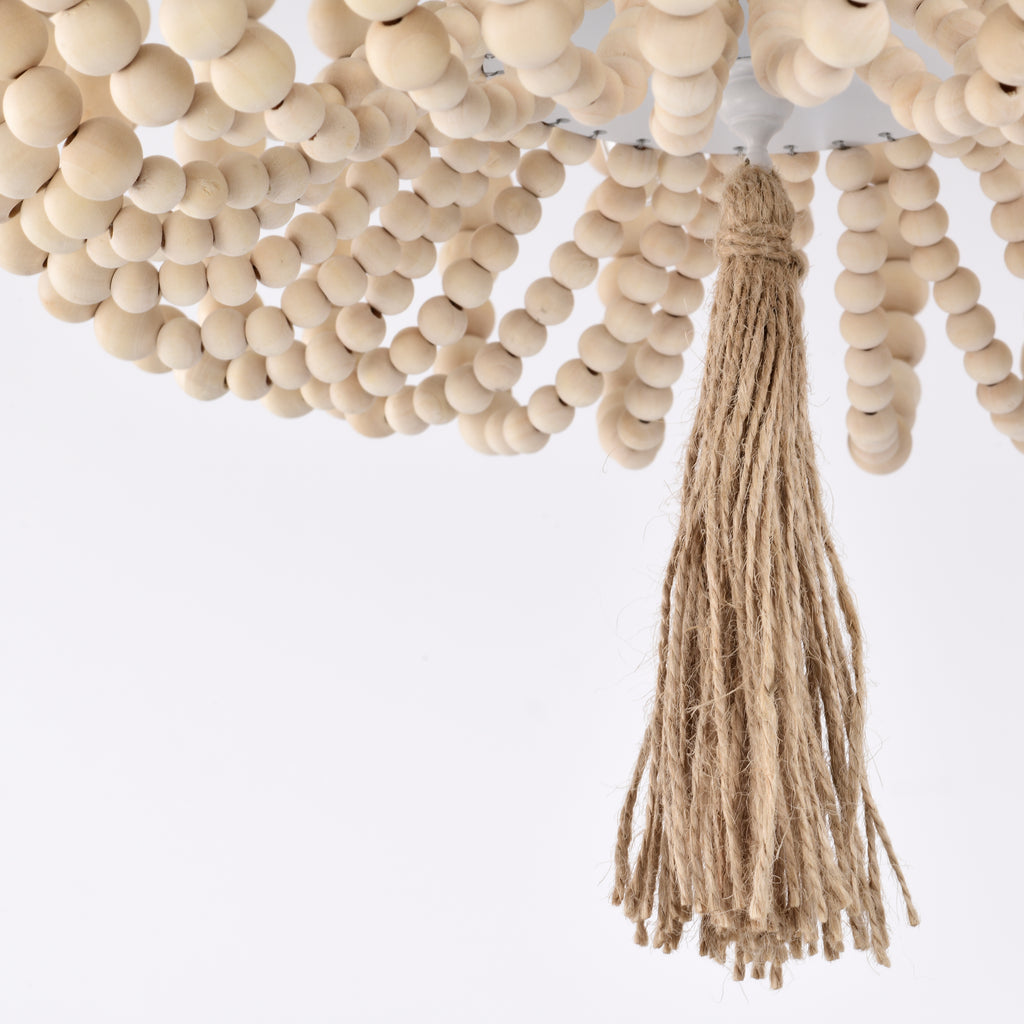 Small Wood Bead Flush Mount Chandelier 3-Light Ceiling Light