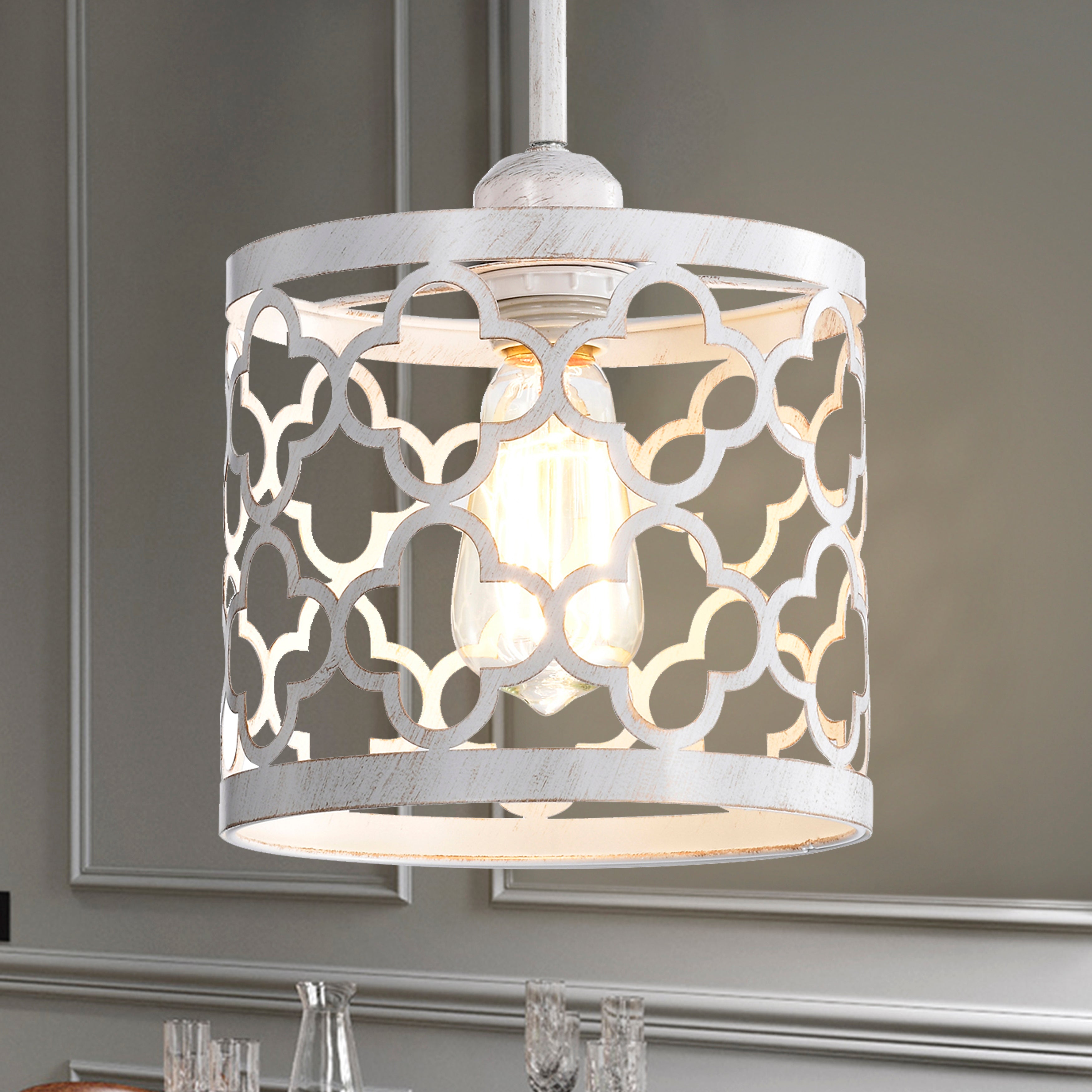 White Mini Pendant Light 1-Light Small Chandelier 7.4" Wide