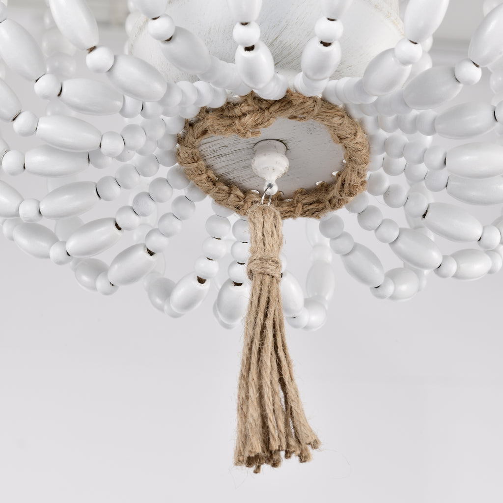 Beaded Chandelier Light Fixture White Wood Bead Flush Mount Chandelier 3-Light Boho Chandelier Light Fixture Ceiling