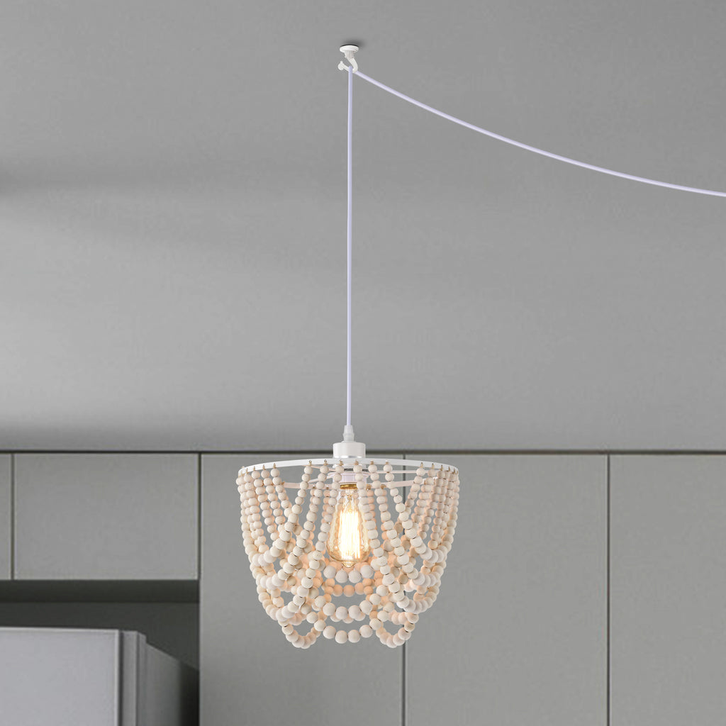 Boho Pendant Light Plug in Wood Beaded Plug in Chandelier 1-Light