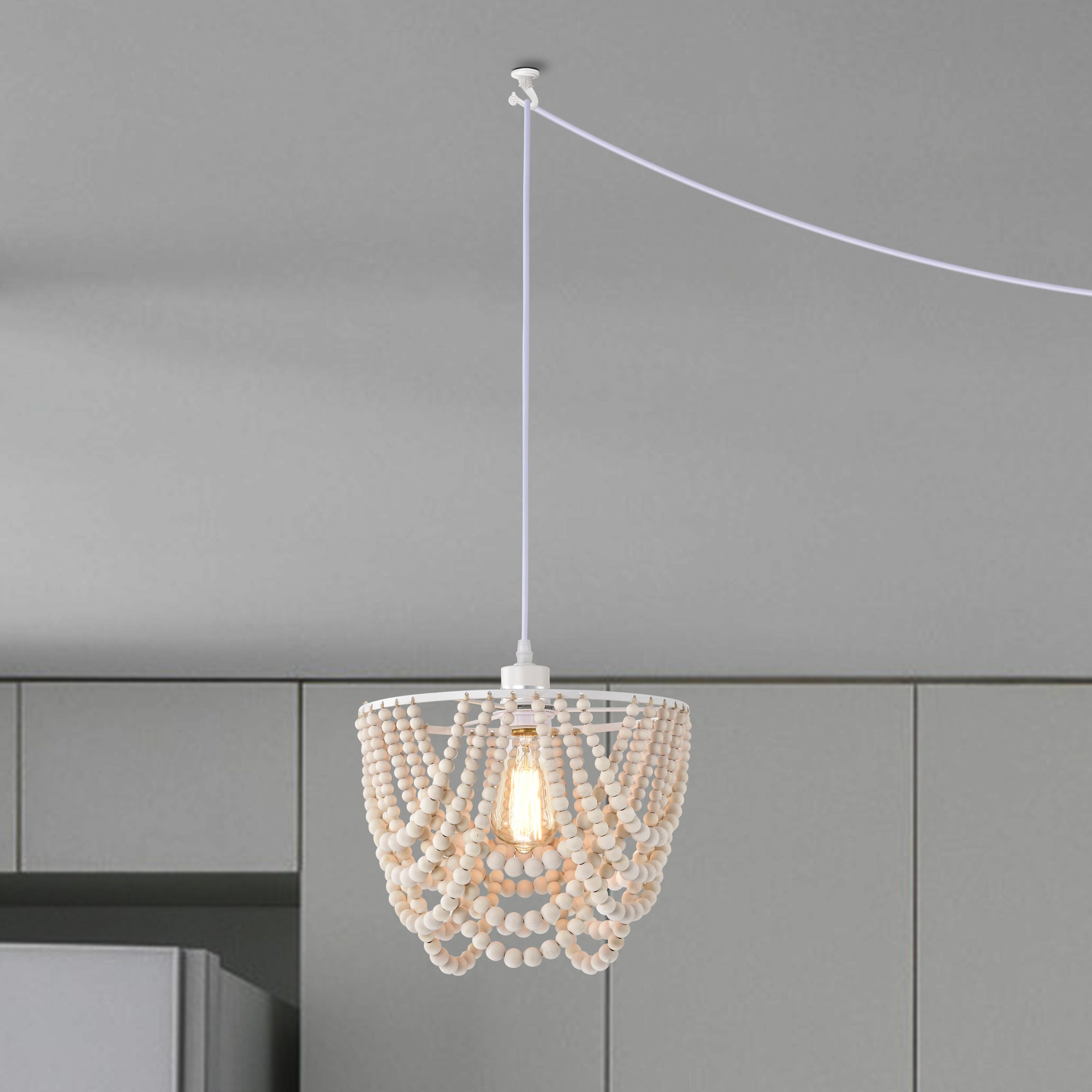 Boho Pendant Light Plug in Wood Beaded Plug in Chandelier 1-Light