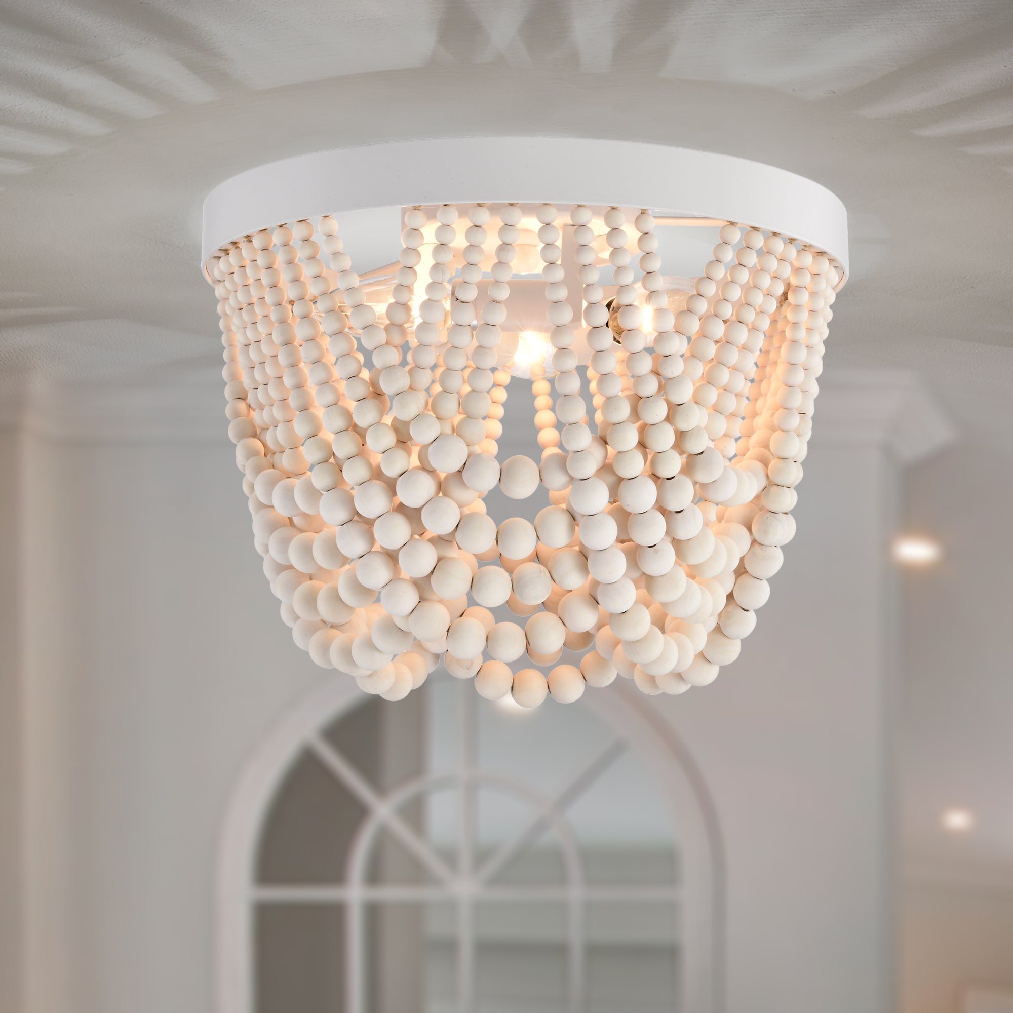 Wood Bead Chandelier Light Fixture 3 Lingt Flush Mount Boho Light Fixtures