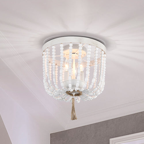 Beaded Chandelier Light Fixture White Wood Bead Flush Mount Chandelier 3-Light Boho Chandelier Light Fixture Ceiling