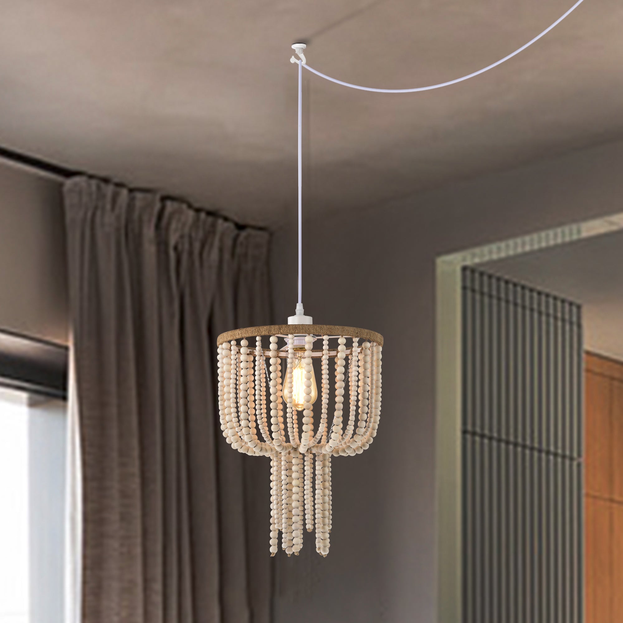 Boho Pendant Light Plug in with Cord Whitewashed Wood Beaded 1-Light